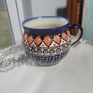 Vtg Polish Pottery Bubble Coffee Mug Tea Cup Blue Pink Green Wave Unikat Sgn D.F